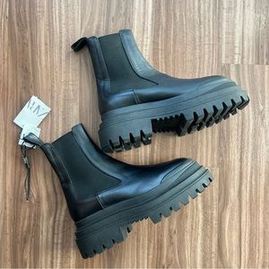 New Zara Low Heeled Leather Lug Sole Ankle Boots 7.5us
